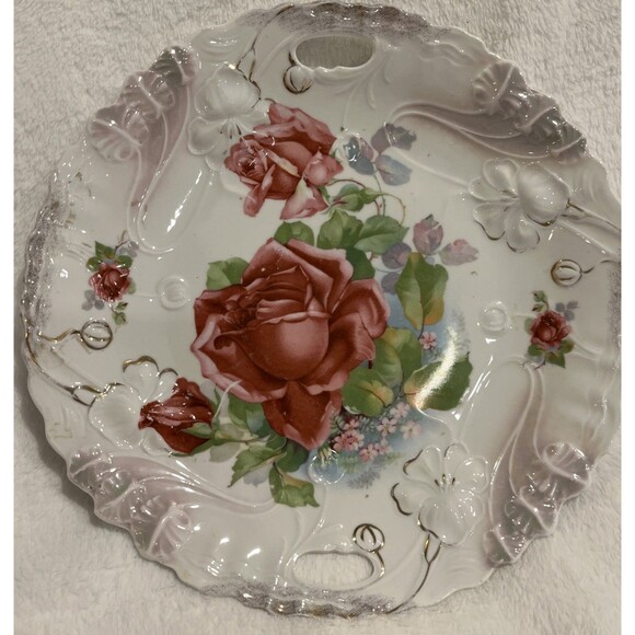 Vintage Antique Plate Platter 10 1/2 inch hand painted Germany roses handles - Picture 1 of 7